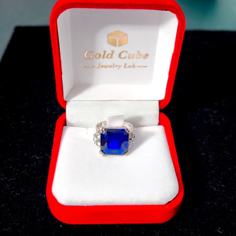Silvertone Ring with 10mm Square Blue Sapphire w/3 CZ Stones on side